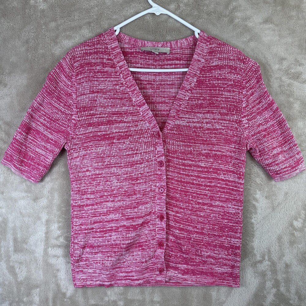 LOFT Sweater Womens Large Pink Space Dye Knit Short Sleeve Button Front Cardigan